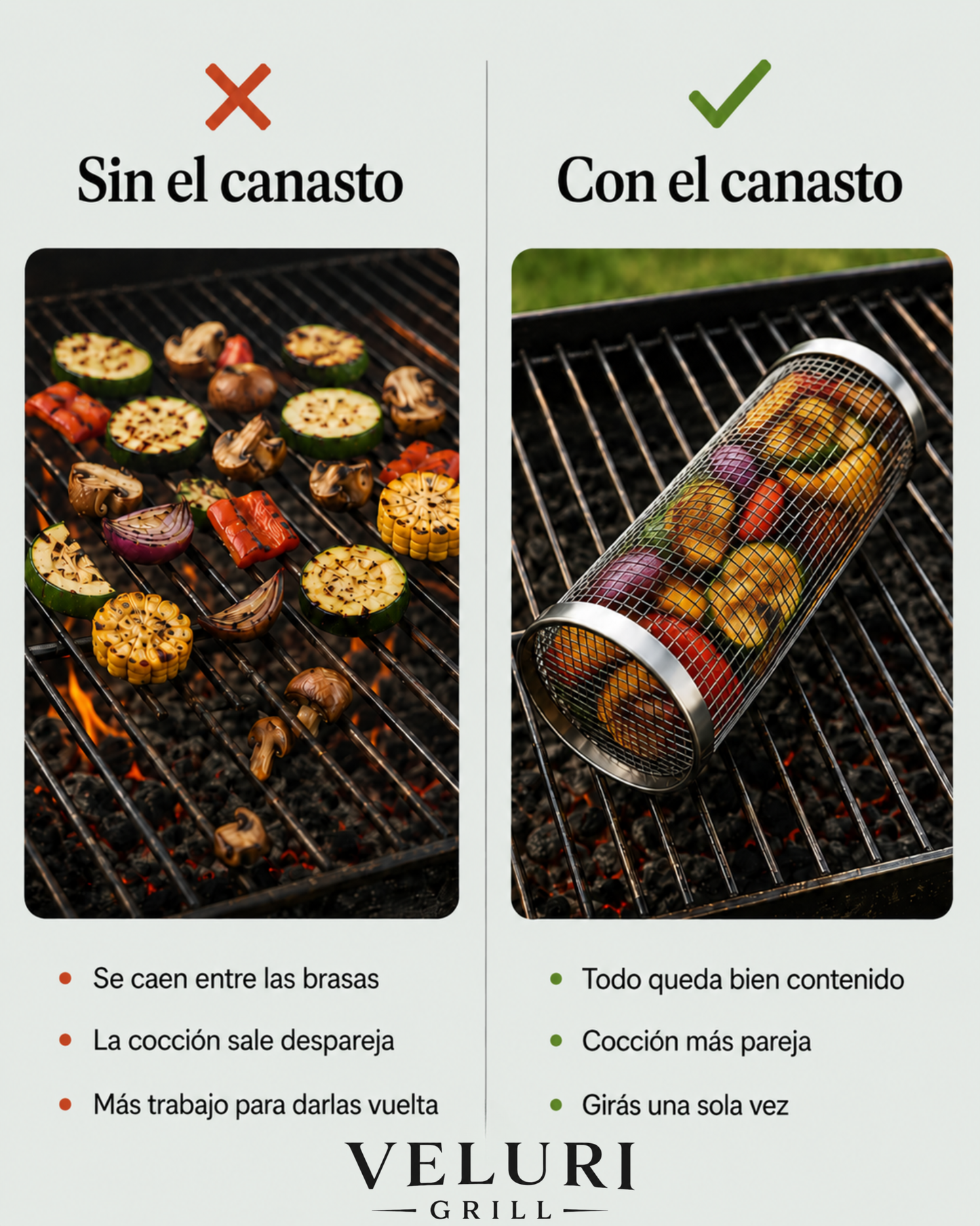 Canasto para Parrilla con Gancho y Varilla Auxiliar - VELURI GRILL